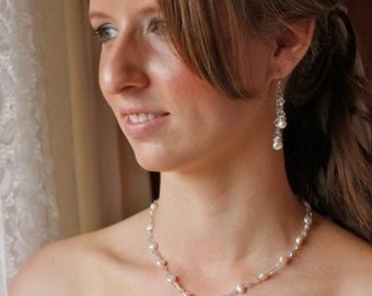 Handmade and Designed Swarovski Crystal and Freshwater Pearl Necklace and Earrings
