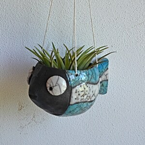 Blue raku fish planter hanging vase, planter holder indoor handmade in raku ceramic, modern ceramic gift for her, pottery animal vase