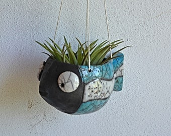 Blue raku fish planter hanging vase, planter holder indoor handmade in raku ceramic, modern ceramic gift for her, pottery animal vase