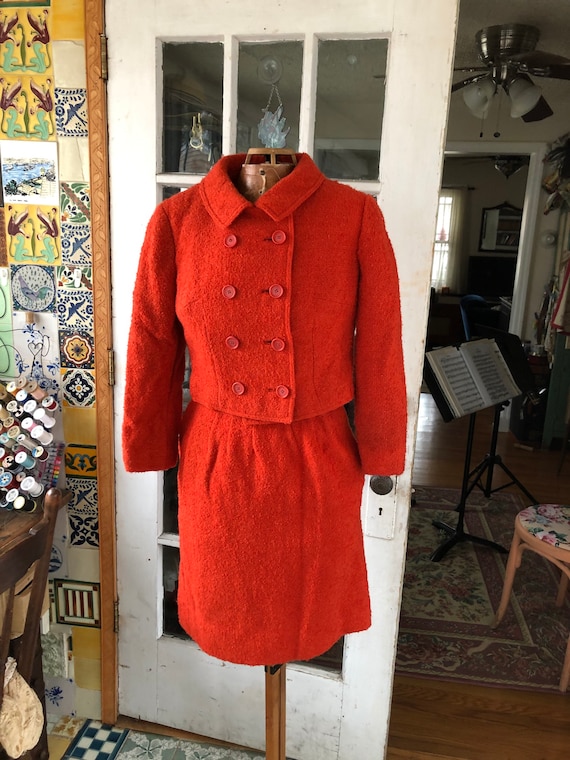 60's tomato red wool bouclé Jackie O style skirt s