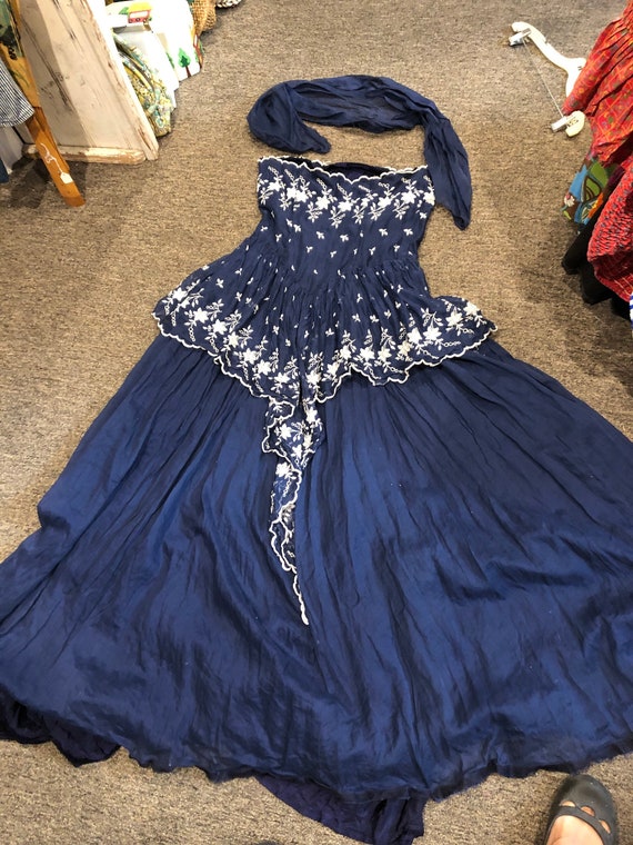 Sale: 40's/50's navy strapless gauzy cotton/silk
