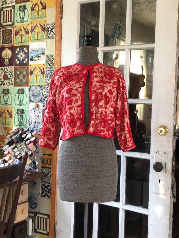 50's red beaded sweater