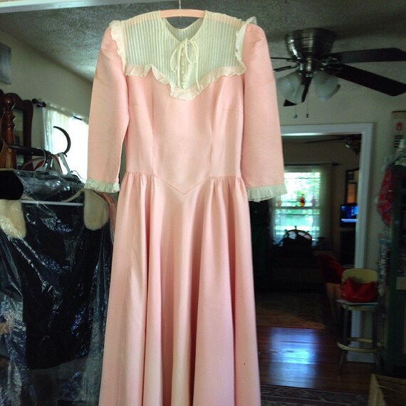 30's peach rayon blend wedding gown, hat and veil