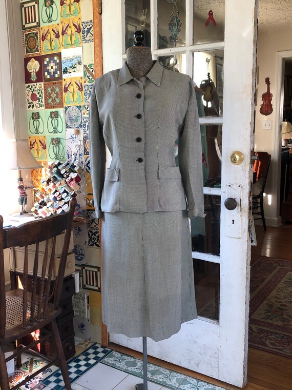 40's black and white rayon gabardine houndstooth s