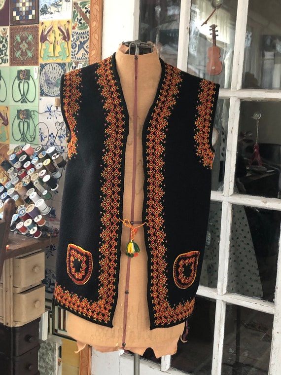 Ukrainian or Romanian black embroidered wool folk