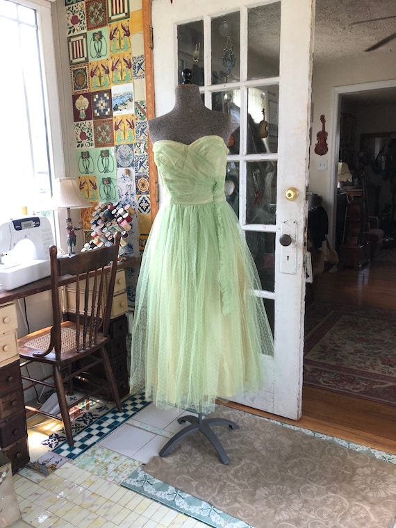 50's green strapless fit and flare taffeta and tul