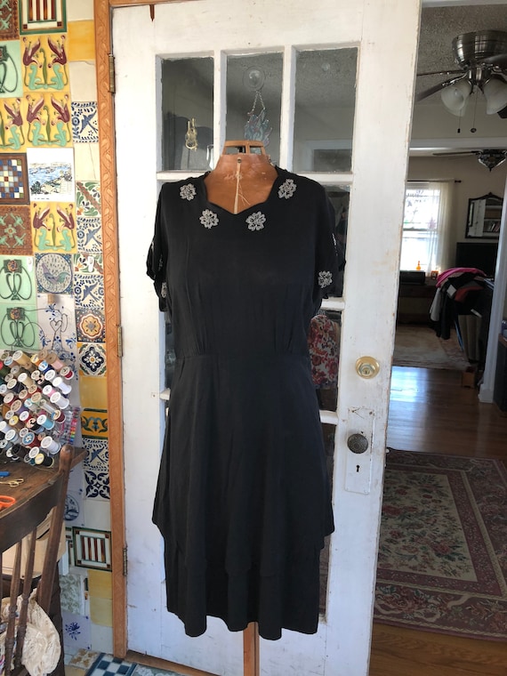 40's black rayon crepe peplum dress medium