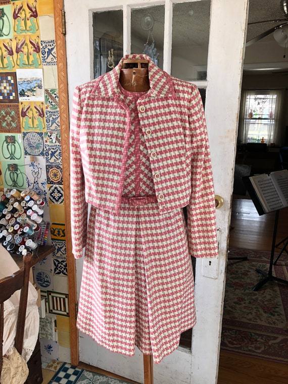 60's pink plaid woven cotton dress suit