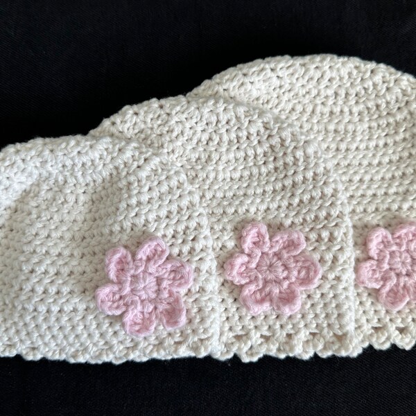 Hand-Crocheted Off-White Baby Beanie with Rose Pink Flower