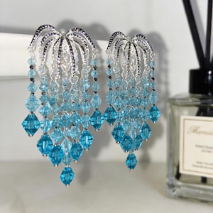 Pendientes Chandelier Cristal Azul, Joyería Statement Art Deco