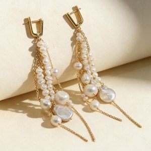 Pearl Waterfall Earrings, 14K Gold Plated Multi-Strand Baroque Dangle,Gift For Her