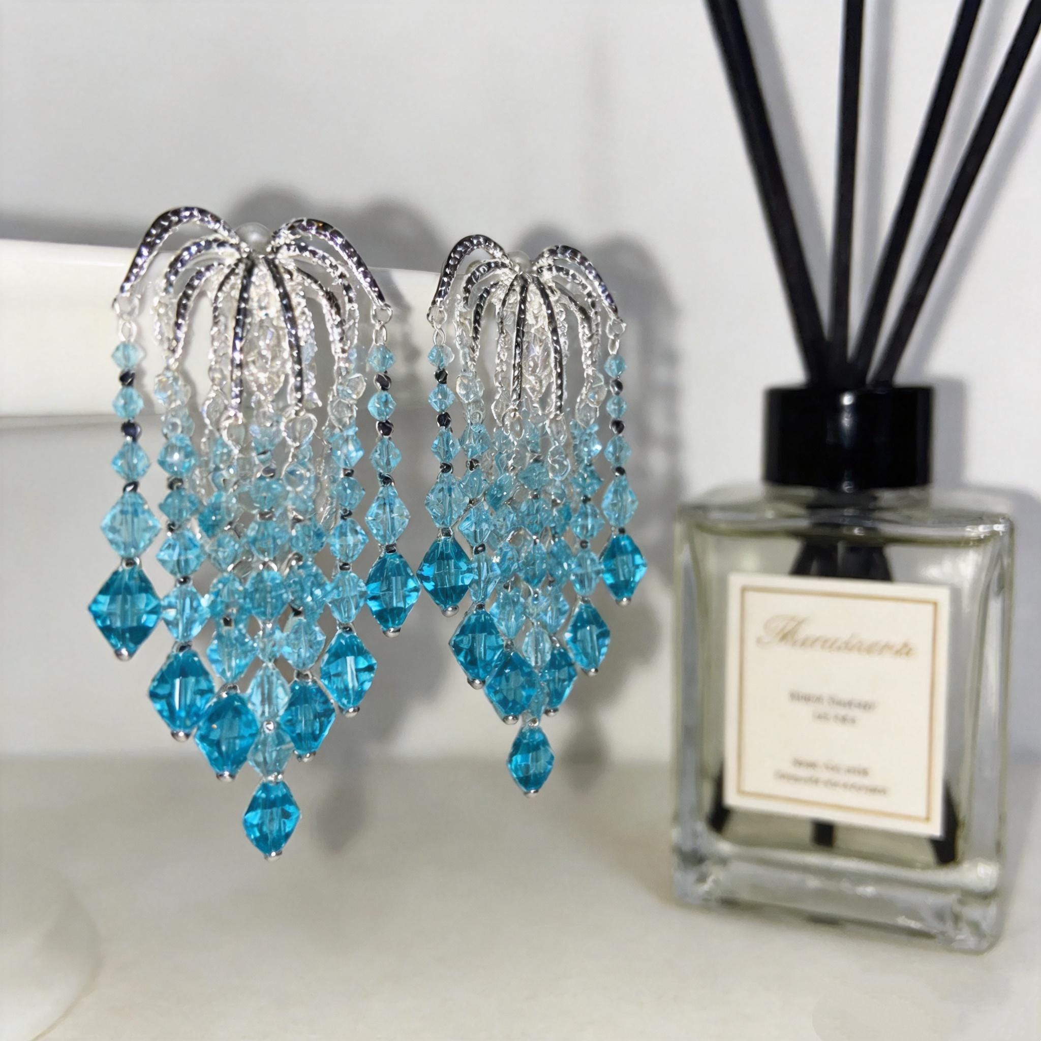Orecchini Lunghi Donna In Vetro Colorato - Placcati Argento - Colore Blu Notte - Eleganti Per Feste