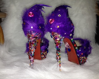 Handmade Purple Feather Heels, Sparkle Crystal Bling Cinderella Rhinestone Shoes