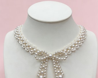 Vintage Rococo Antique-Inspired Handmade Pearl Bow Necklace Elegant Statement Jewelry Chocker