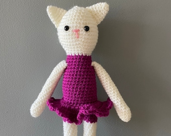 Crochet Ballerina Cat Doll: Handmade Acrylic Yarn Toy (13” Tall), crocheted toys
