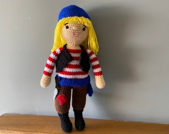 Crochet Girl Pirate Doll - 37cm Acrylic Yarn Toy, crocheted toys