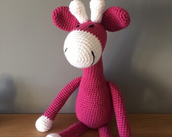 Crochet Giraffe Toy: Pink Acrylic Yarn, Embroidered Details, crocheted toys, baby gift