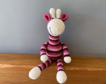 Pretty pink striped crochet giraffe, handmade giraffe
