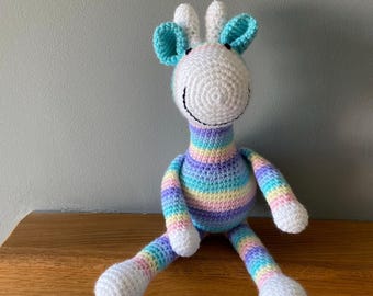 Pastel rainbow striped giraffe, crochet giraffe toy, baby gift, crocheted toys