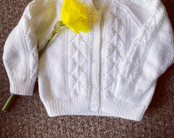 Diamond lace panel patterned baby cardigan, made to order, hand knit baby sweater