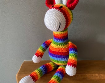 Colourful stripy giraffe, crochet toy