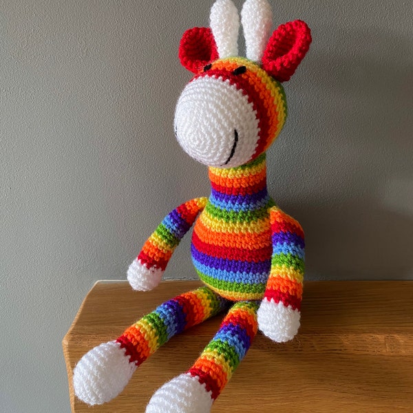 Colourful stripy giraffe, crochet toy