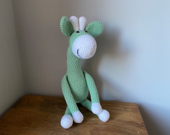 Pretty pale green crochet giraffe, handmade toy giraffe