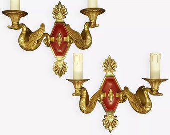 Pair of sconces swans decor Empire style - by Petitot France - bronze burgundy patina