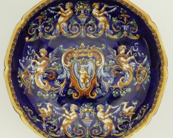 Melonnière faience Gien décor Renaissance fond bleu