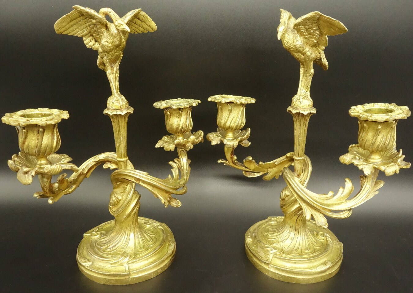 Rare Paire de Bougeoirs, Aux Hérons, Style Louis Xv, Du Xixe - Bronze