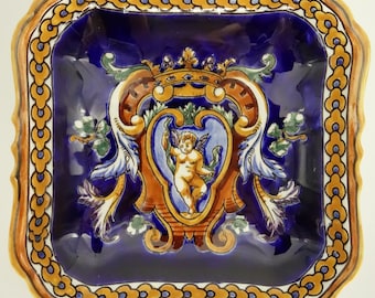 Porte-carte / vide-poche Pompadour faience Gien décor Renaissance fond bleu