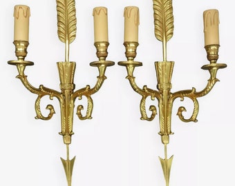 Large pair of sconces Empire XVI style - arrow, quiver & eagle's heads decor - bronze