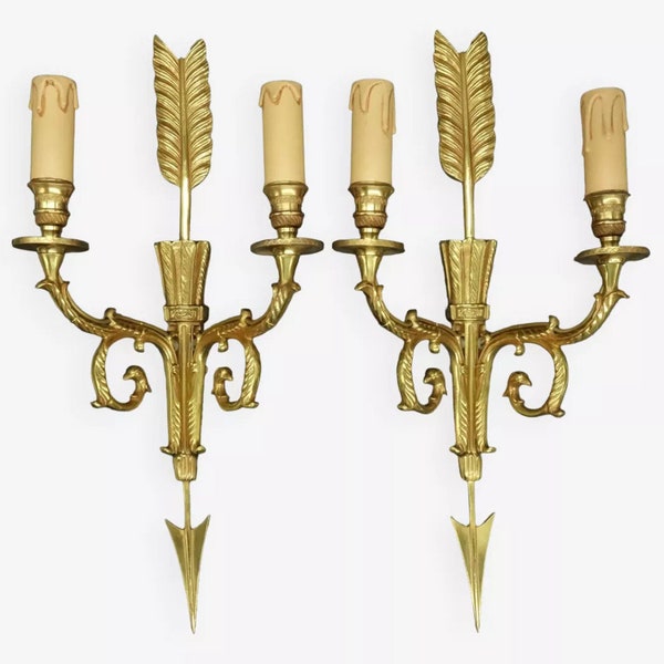 Large pair of sconces Empire XVI style - arrow, quiver & eagle's heads decor - bronze