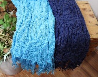 Turquoise or Navy Lightweight Cable Scarf with Fringe