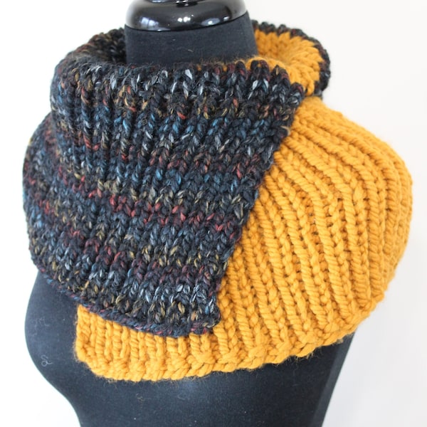 Reversible Split-Neck Cowl / Chunky Knit Split-Neck Cowl / Oversized Black Cowl / Oversized Gold Scarf / Chunky Knit Black & Gold Scarf