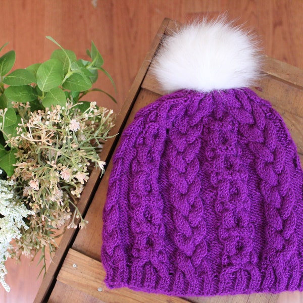 Magenta Cabled Hat / Cabled Hat with Faux Fur Pom Pom