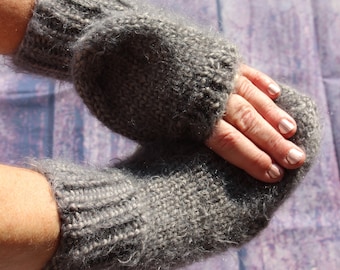Dark Gray Convertible Fingerless Gloves with Mitten Flap