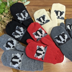 Puede incluir: Un conjunto de ocho mitones de mapache tejidos en varios colores, incluyendo negro, gris, rojo y crema. Cada mitón presenta un diseño de cara de mapache en blanco y negro.