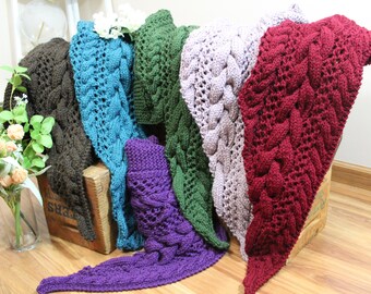 Cabled Triangle Bandana Scarf / Triangle Wrap / Brown Scarf / Blush Pink Scarf / Purple Scarf / Green Scarf / Teal Scarf / Burgundy Scarf