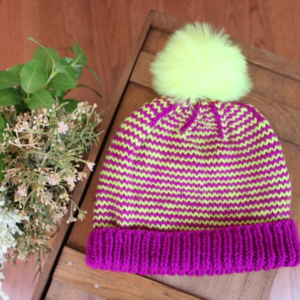 Magenta and Neon Yellow Hat / Striped Hat / Neon Hat / Faux Fur Pom Pom