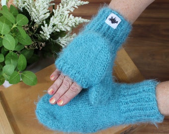 Teal Convertible Fingerless Gloves with Mitten Flap