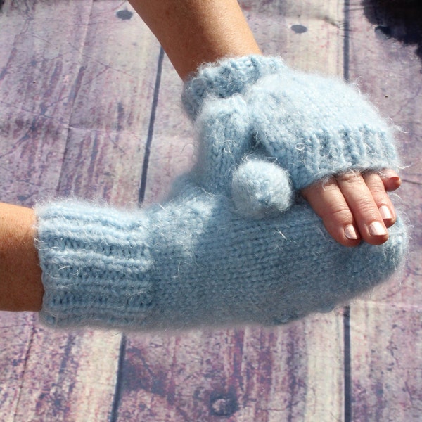 Light Blue Convertible Fingerless Gloves with Mitten Flap