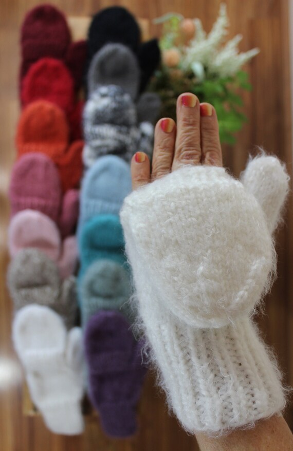 White Convertible Fingerless Gloves With Mitten Flap Etsy