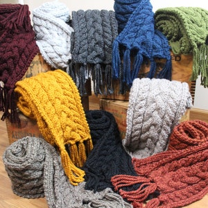 Chunky Knit Cable Scarf / Fringed Cable Knit Scarf