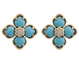 Latelita Women's Gold-Plated Flower Clover Turquoise Stud Earrings with Zirconia - 925 Sterling Silver