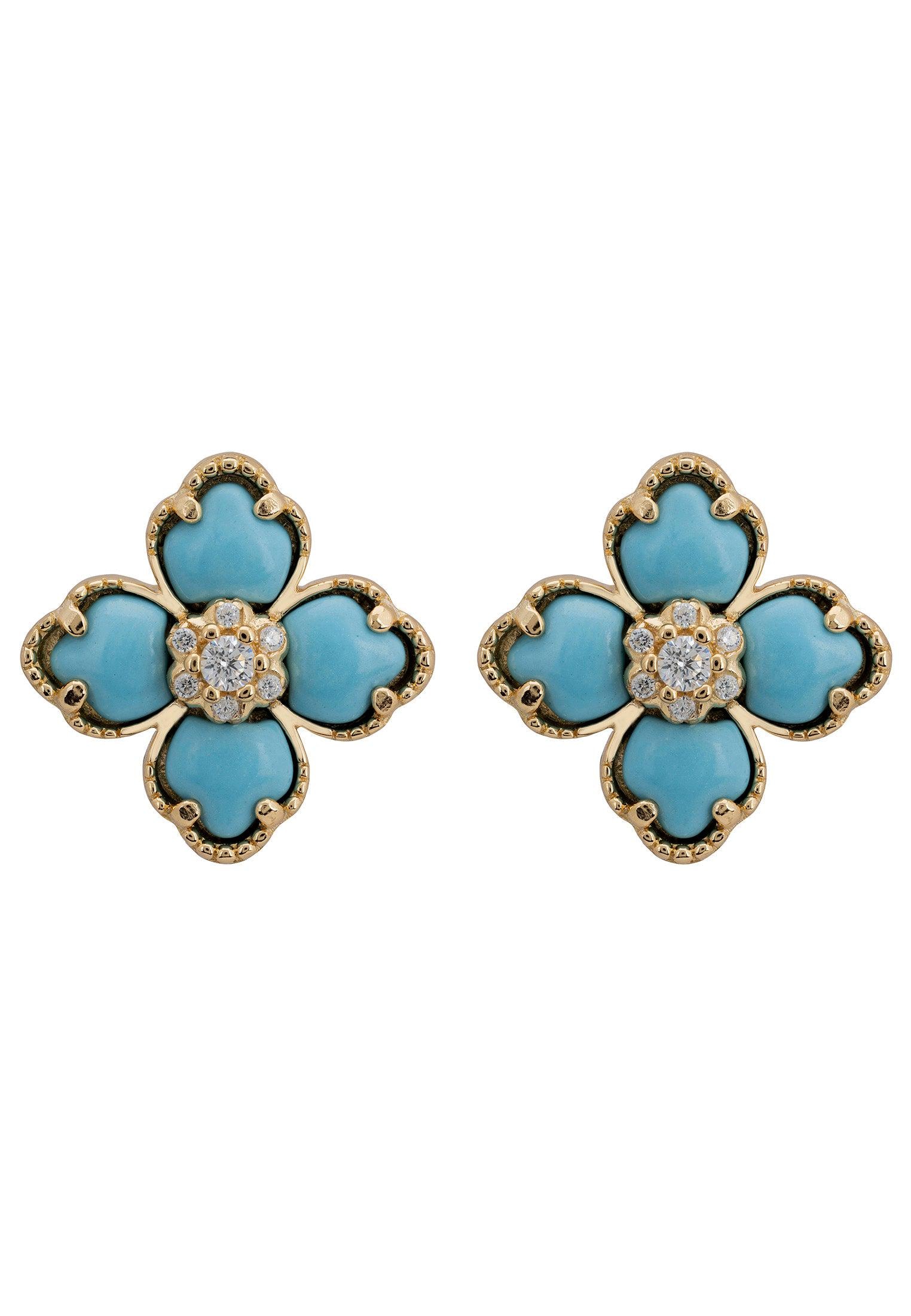 Latelita Damen Vergoldete Blumen Klee Türkis Ohrstecker mit Zirkonia - 925 Sterling Silber