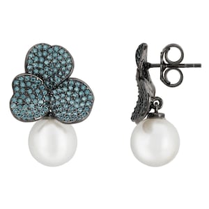 Iris Flower And Pearl Dangle Earrings Aqua Silver