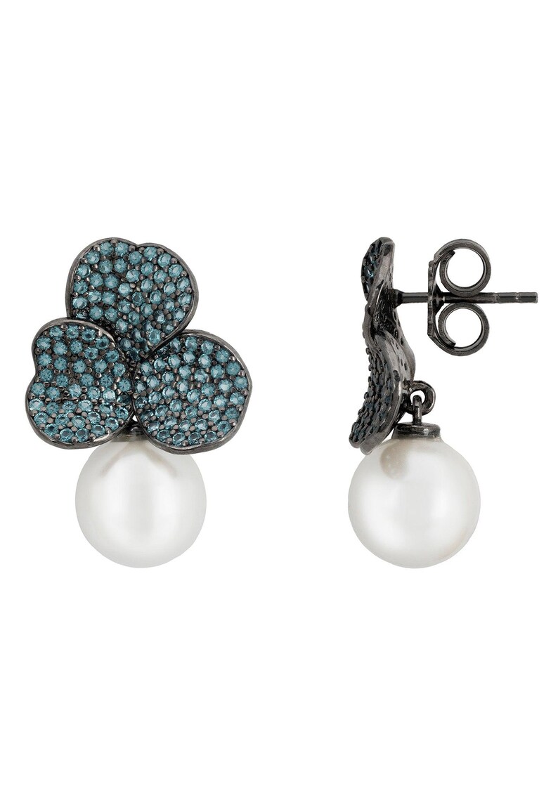 Iris Flower And Pearl Dangle Earrings Aqua Silver