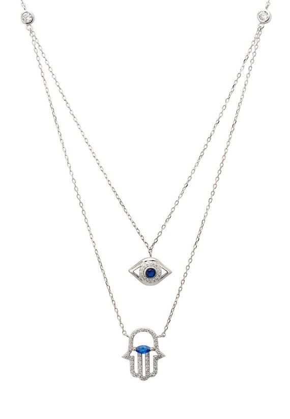 Hamsa Hand and Evil Eye Layered Necklace Silver Etsy Canada