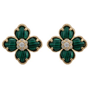 Flower Clover Malachite Stud Earrings Gold
